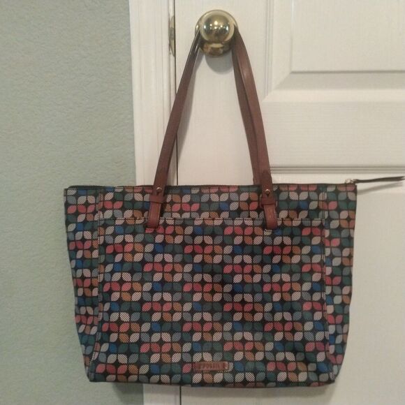 Fossil Rachel Zip PVC Tote Shoulder Bag Multicolor Geometric Print Key Charm - Picture 1 of 16
